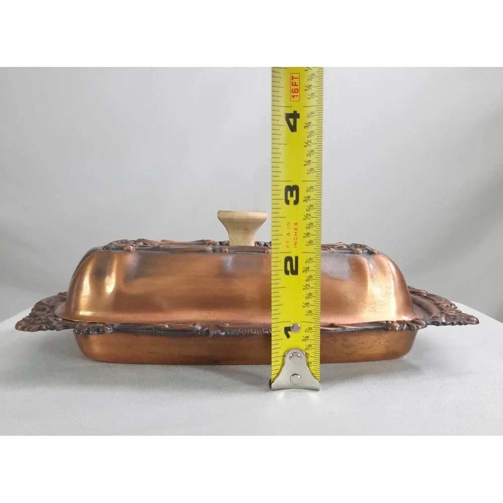 Vintage Copper Covered Butter Dish with Glass Insert Lid Ornate Cottagecore